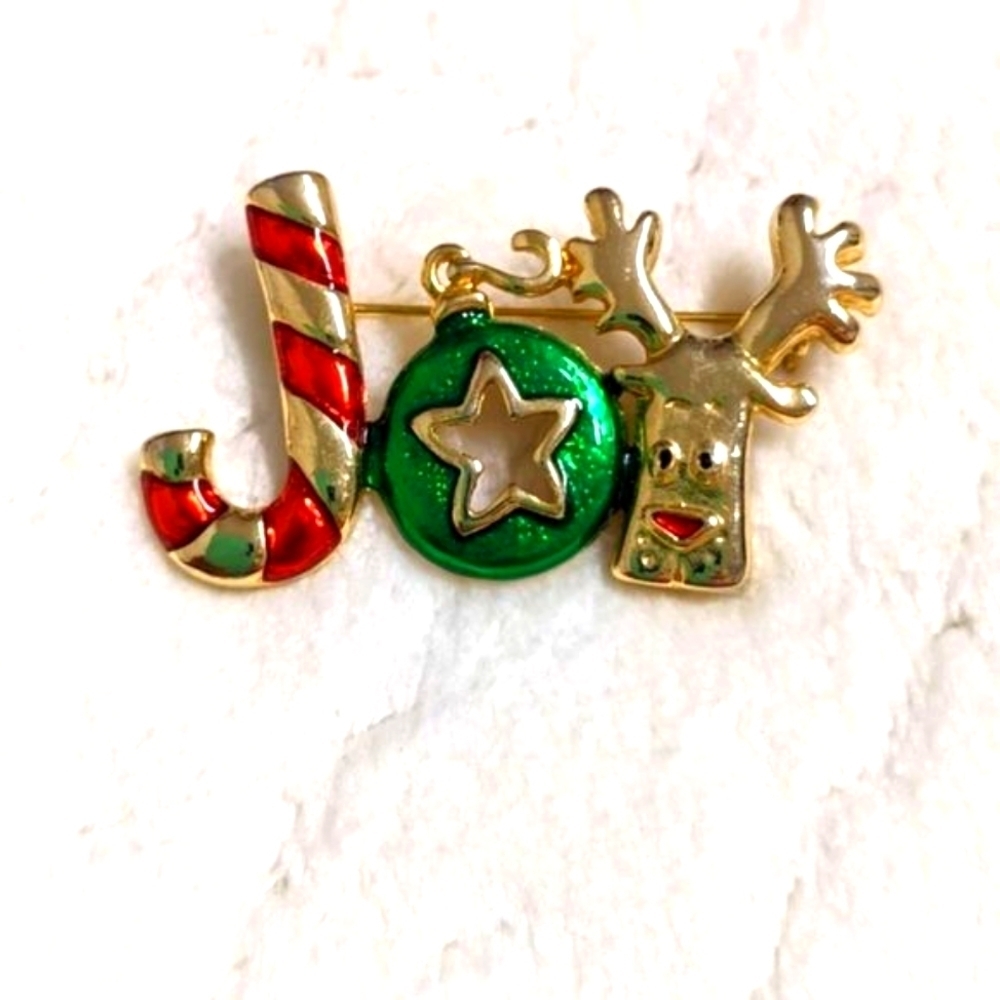 Vintage 1980's Christmas "Joy" Enameled and Goldtone Brooche